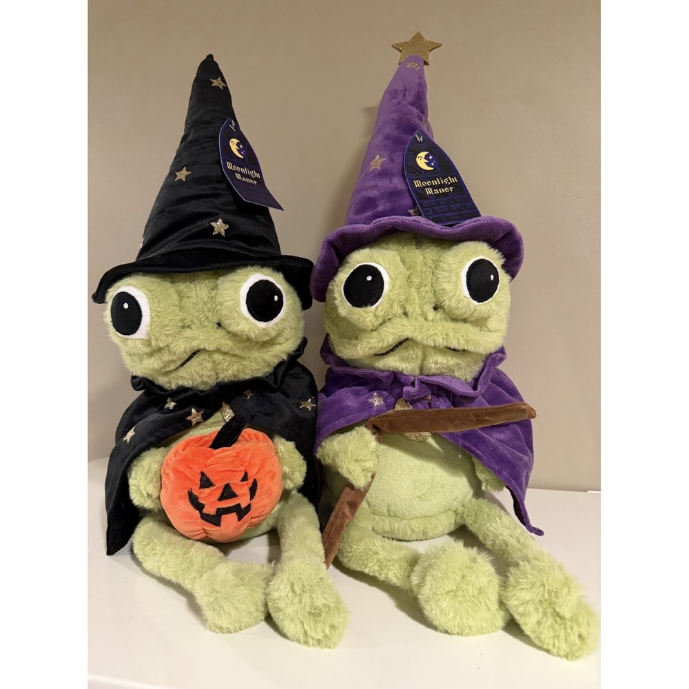 Moonlight Manor Frog Wizard & Frog W/ Pumpkin Plush Green/Purple Halloween NEW